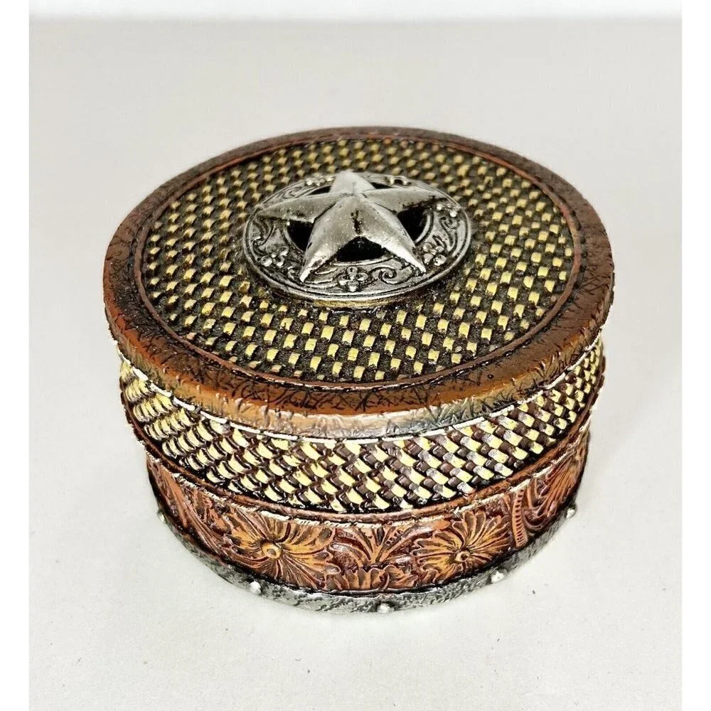 Midwest Seasons Tooled Leather Texture Round Resin Silver Star Trinket Box